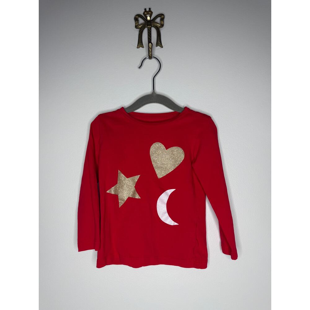 J.Crew CrewCuts Girls Red Long-sleeved Gold Glitter Heart Star Moon Shirt XXS 2